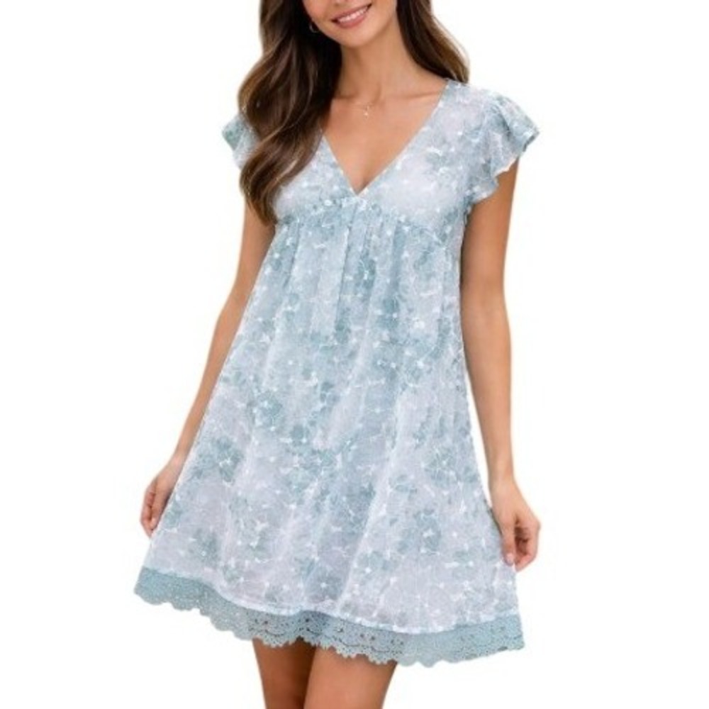 Anthropologie By the River Teal Green Floral Empire Waist Babydoll Dress M